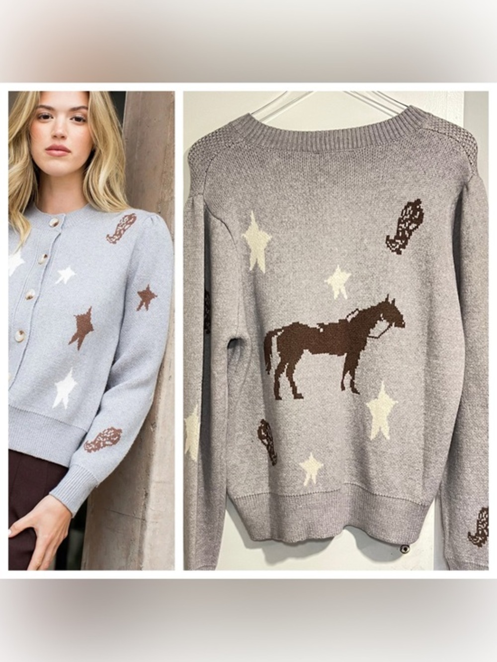 NWT Knit Cardigan BoHo Western Horse Equestrian Boots Stars Gray Brown Cream XL - Picture 16 of 16